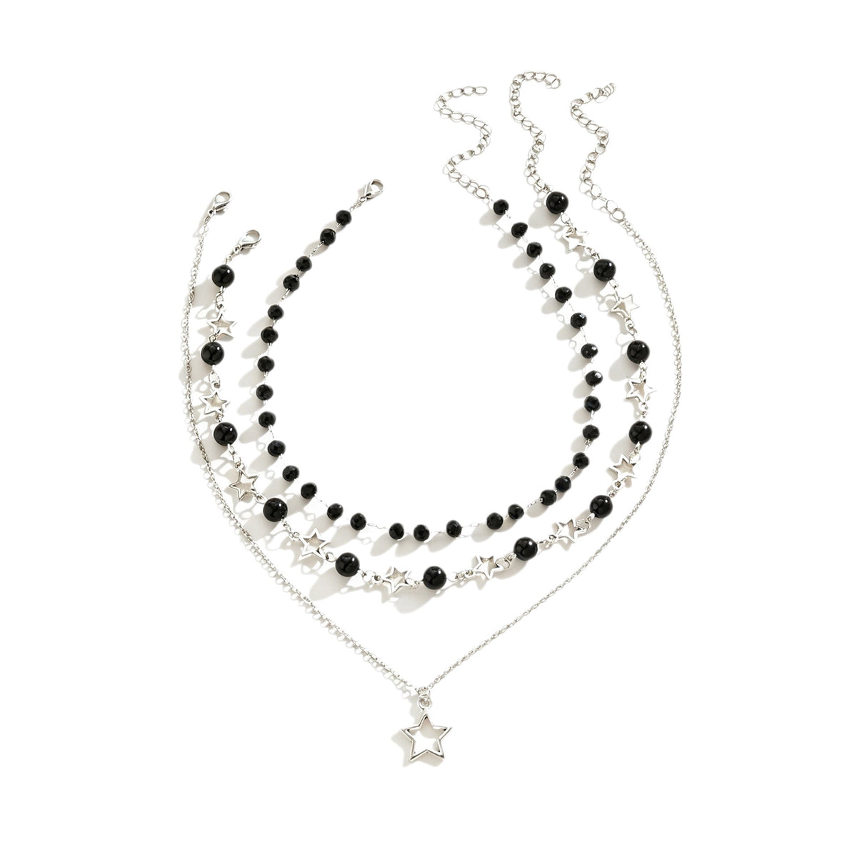 Sweet Cool Style Hollow Pentagram Twin Black Beaded High-grade Necklace