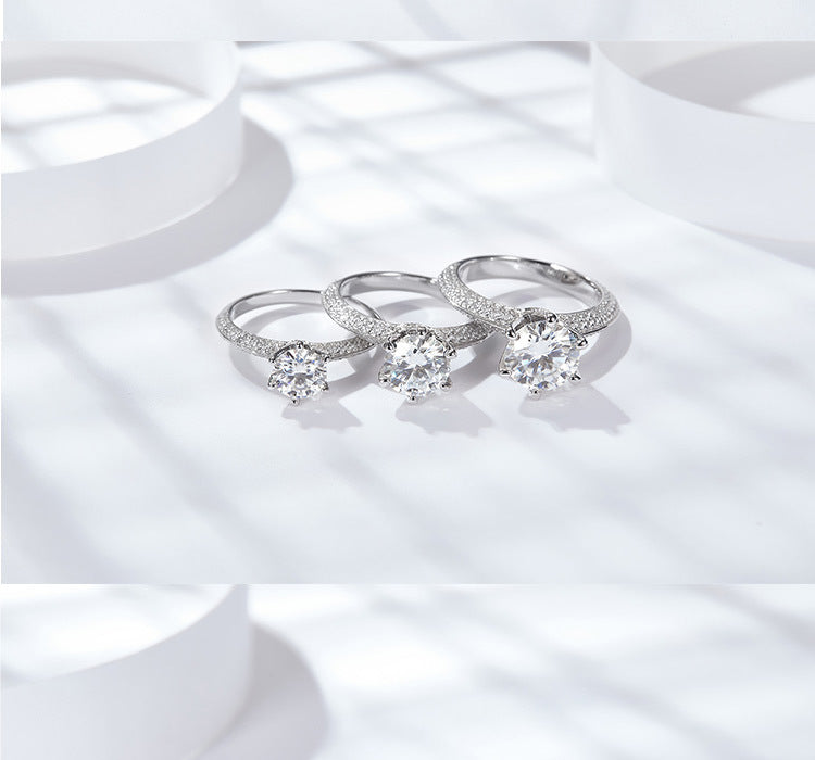 Moissanite Solitaire Ring in Sterling Silver with 18K White Gold Plating – Elegant Six-Prong Halo Band for Women