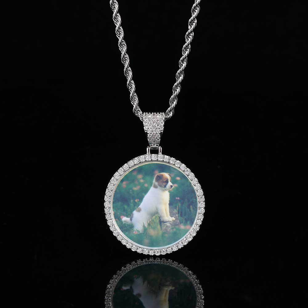 Round Photo Pendant Necklace with Cubic Zirconia Accents in Brass – Hip Hop Style