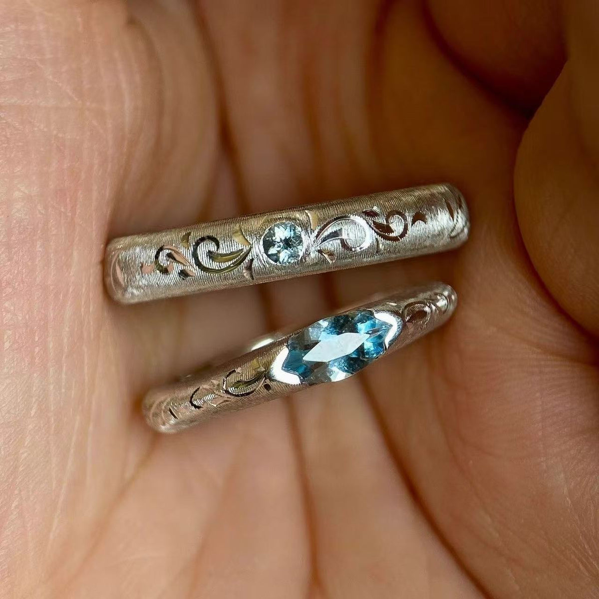 Horse Eye Blue Diamond Sier Couple Refined Rings