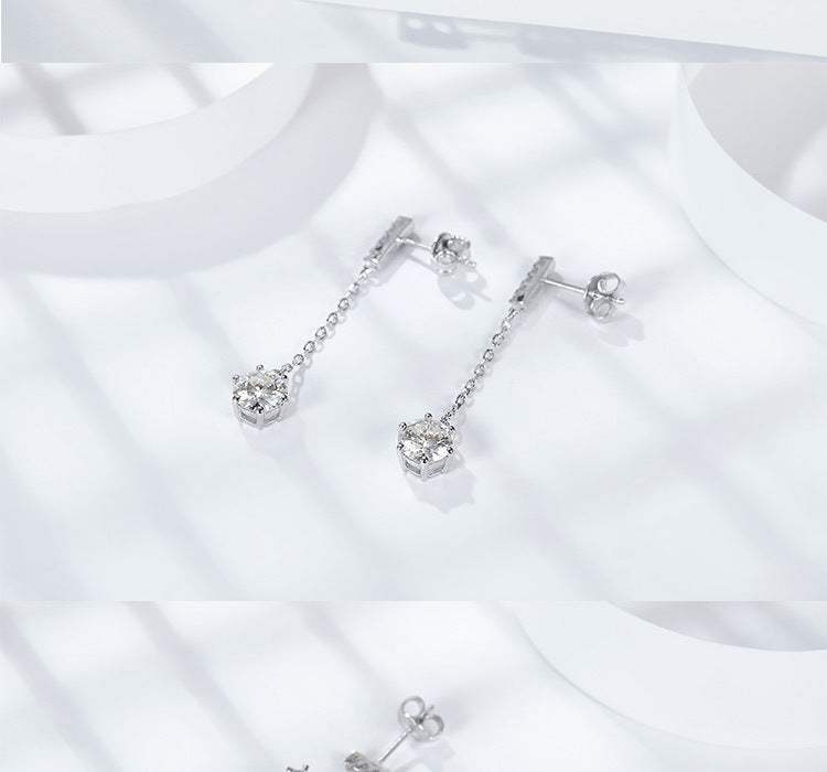 S925 Sterling Silver Six-Prong Drop Earrings with Brilliant D-Color VVS1 Moissanite – Elegant Dangling Ear Jewelry for Women