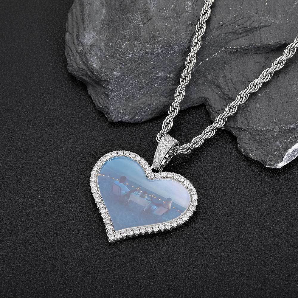 Heart-Shaped Photo Pendant Necklace with Cubic Zirconia Accents in Gold or White Gold