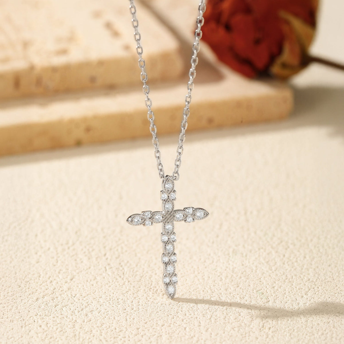 Sterling Silver Cross Pendant Necklace with Sparkling D-Color VVS1 Moissanite Stones – Delicate Clavicle Chain
