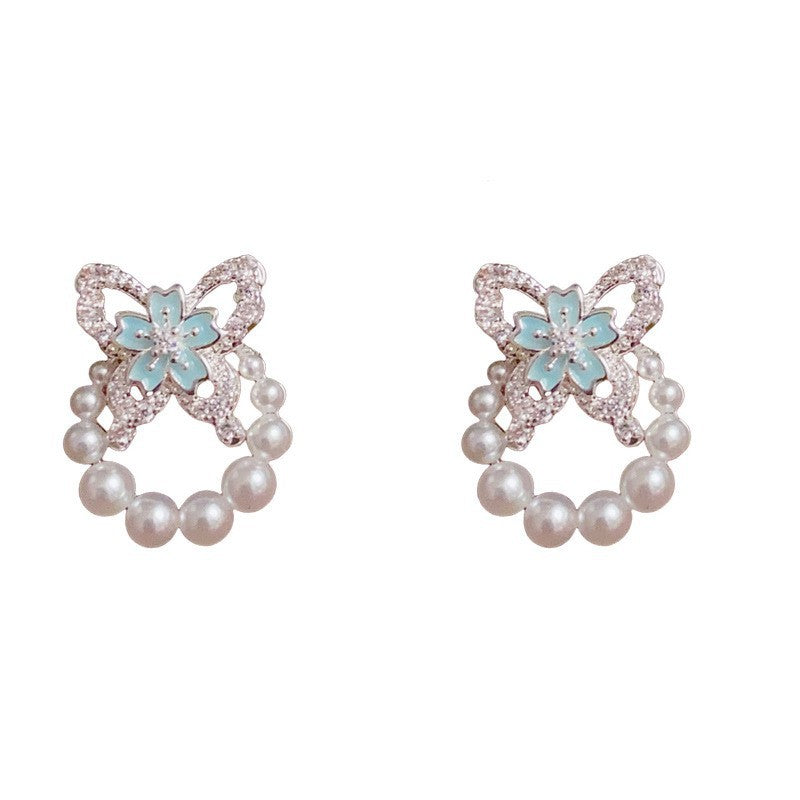 Sweet Thick Sier Zircon Butterfly Pearl Hoop Rings