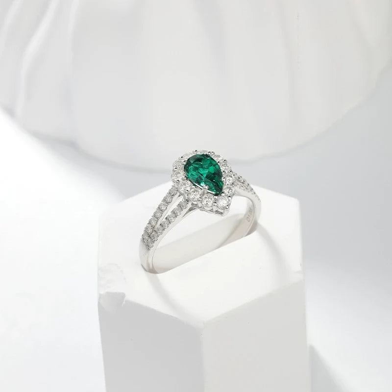 Teardrop Cultured Emerald Ring with Moissanite Accents – 925 Sterling Silver Statement Jewelry
