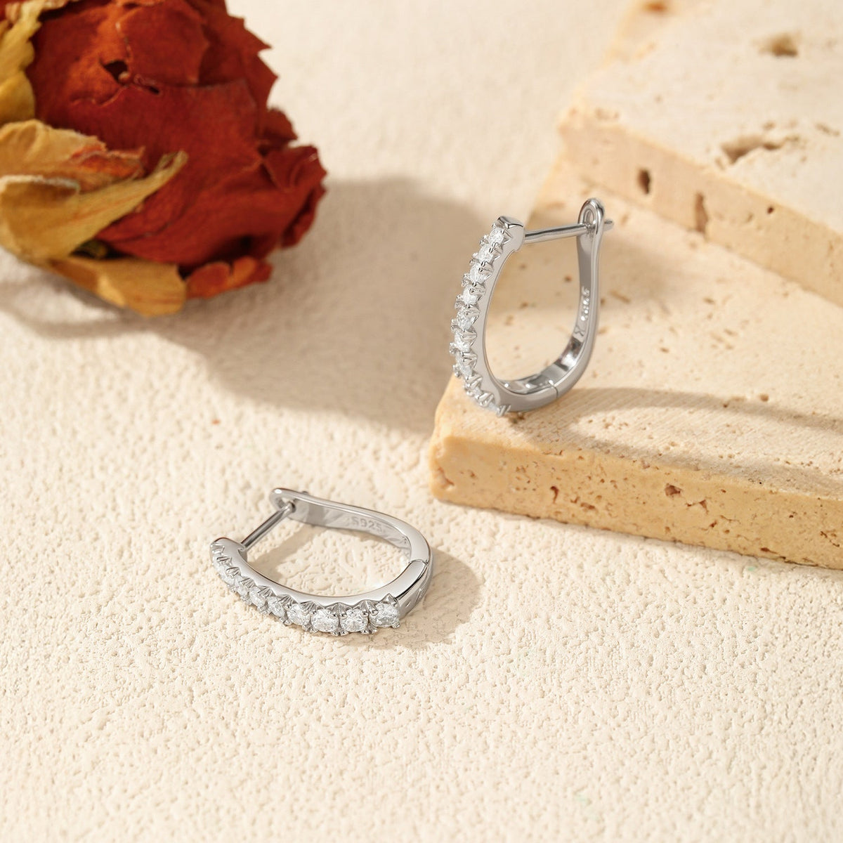 U-Shaped Sterling Silver Hoop Earrings with Pavé Zirconia Stones