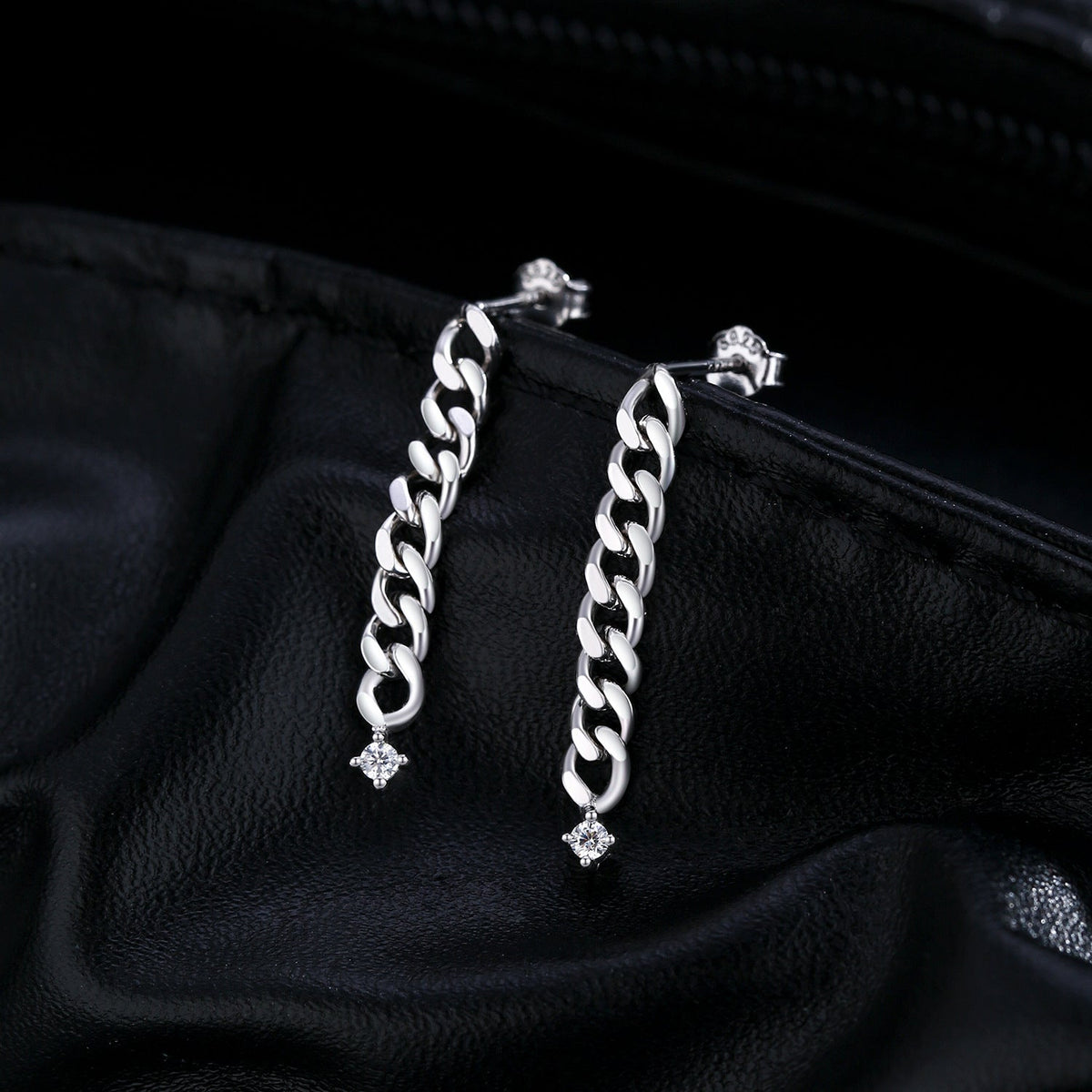 Geometric Single-Stone Chain Earrings in Sterling Silver with D-Color VVS1 Moissanite