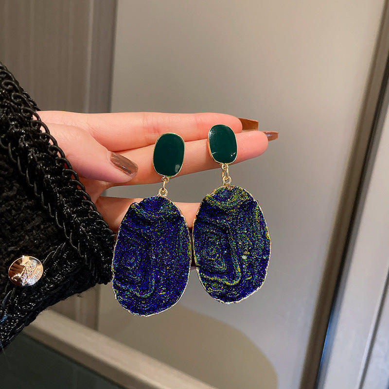 Women's Needle Blue Color Pleated Geometric For Irregular Heart Exaggerated Personalized Earrings