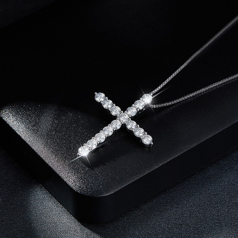 Hip Hop Cross Necklace in Sterling Silver with Sparkling D-Color VVS1 Moissanite Accent