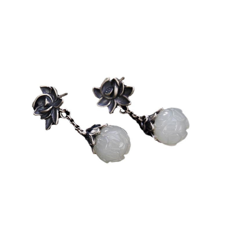 Retro Distressed Lotus Ear Sier-plated Imitation Jade Chinese Style For Earrings