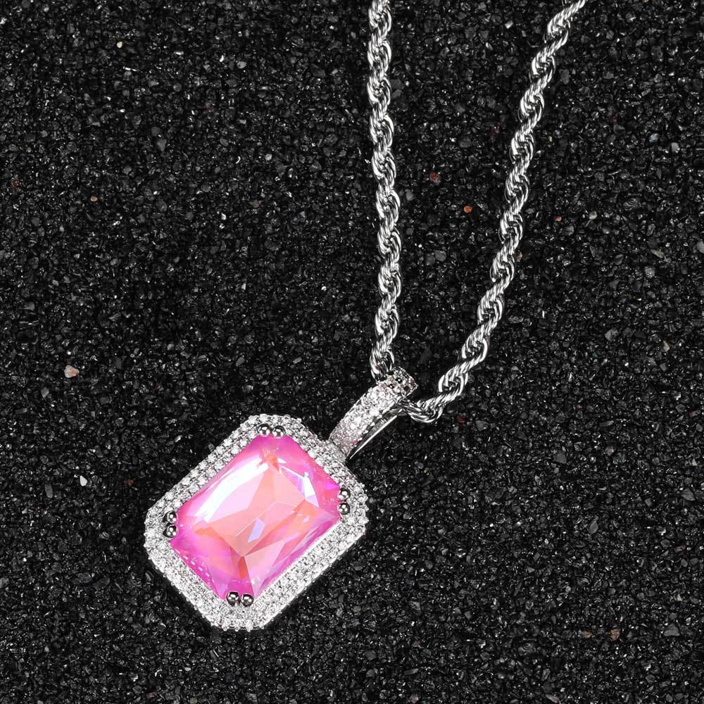 Geometric Square Zirconia Pendant Necklace in White Gold Tone with Twisted Cable Chain