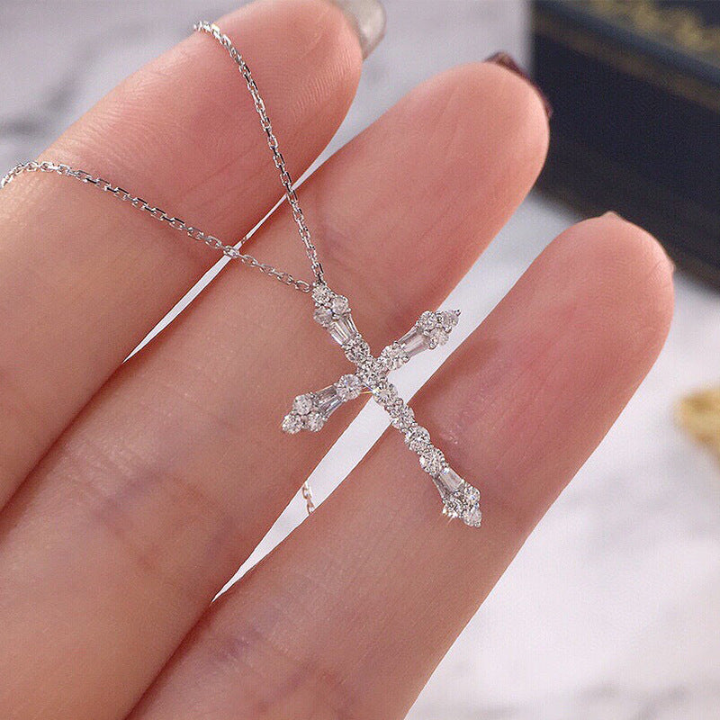 Light Luxury Ladder Square Female Style Gold-plated Cross Imitation Moissanite Pendant