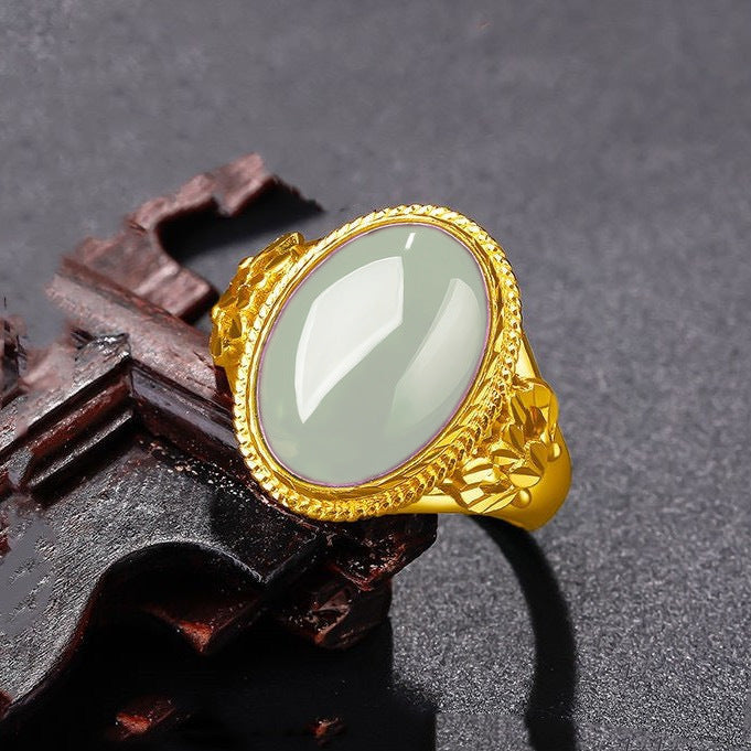 Gold Inlaid Natural Agate Jade Green Chalcedony Retro Fashion With Rings