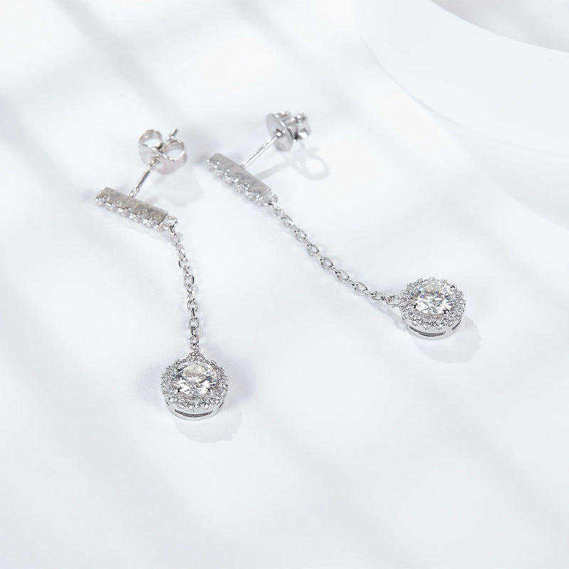 Geometric D-Color VVS1 Moissanite Drop Earrings in Sterling Silver — 1 Carat Brilliant Round Cut