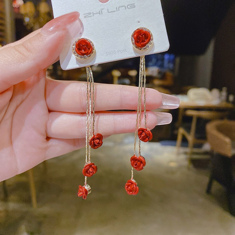 Women's Needle Red Rose Tassel For Trendy Korean Style Simple Design Earrings