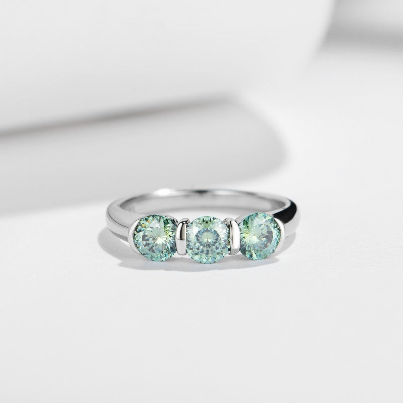 Minimalist Blue-Green Moissanite Ring – 3-Stone Geometric Band in White Gold Plated Sterling Silver