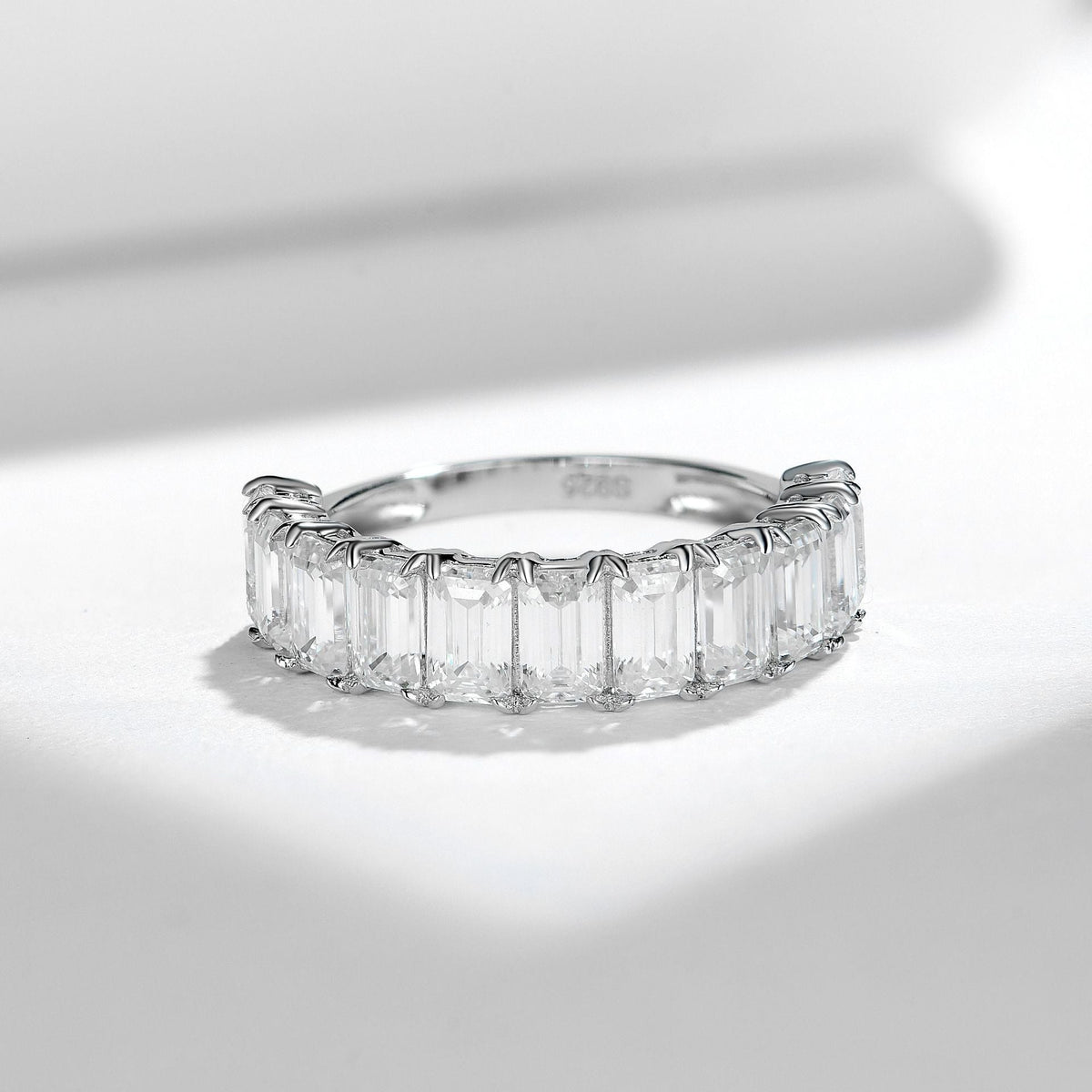 Emerald-Cut D-Color VVS1 Moissanite Stack Engagement Ring in Sterling Silver with 18K White Gold Plating