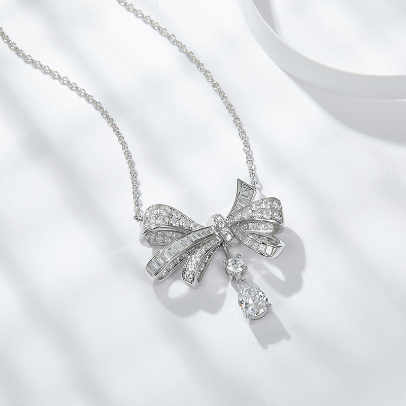 Butterfly Bow Drop Necklace with D-Color VVS1 Moissanite — Sterling Silver 18K Gold Plated