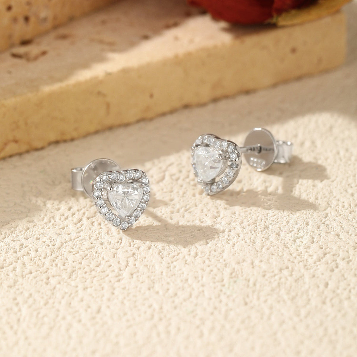 Sterling Silver Heart Stud Earrings with D-Color VVS1 Moissanite Accents – Minimalist Romantic Jewelry