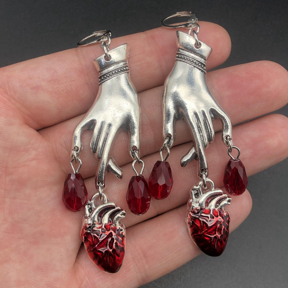 Retro Punk Water Drop Ruby Hand Earrings
