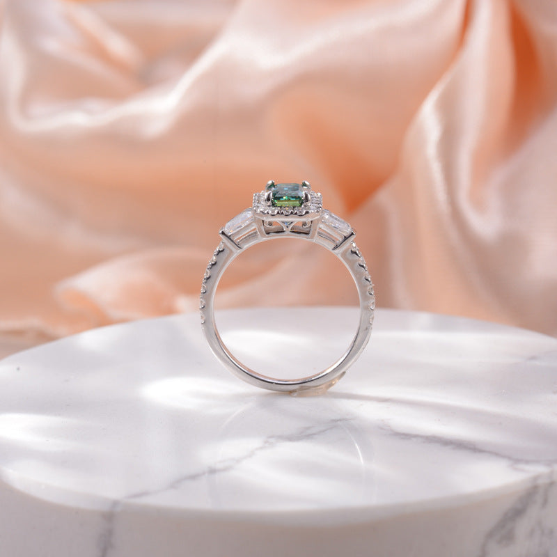 Emerald-Cut Green D-Color VVS1 Moissanite Engagement Ring in Sterling Silver with 18K Gold Plating