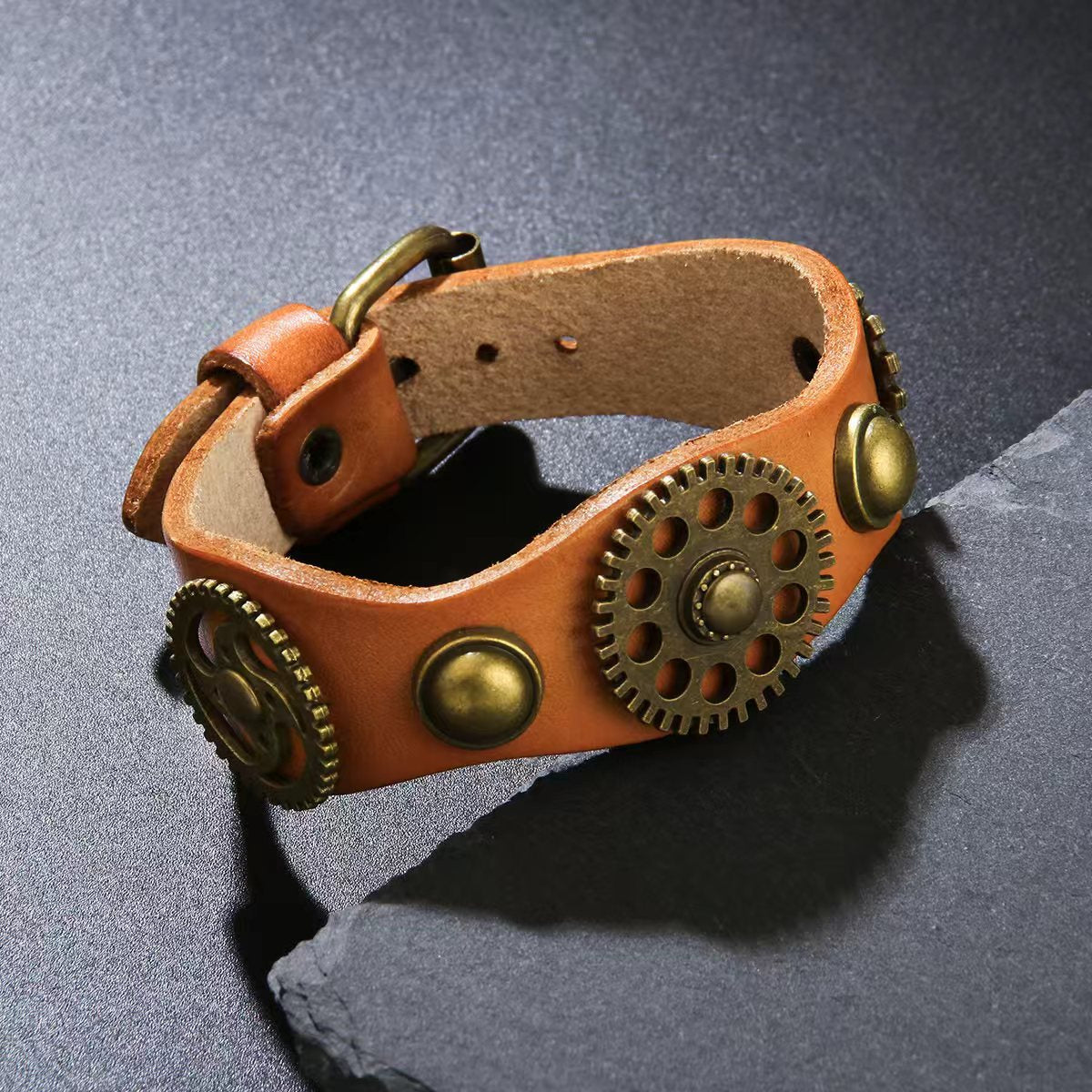 Gear Leather Vintage Distressed Rivet Wide Bracelet