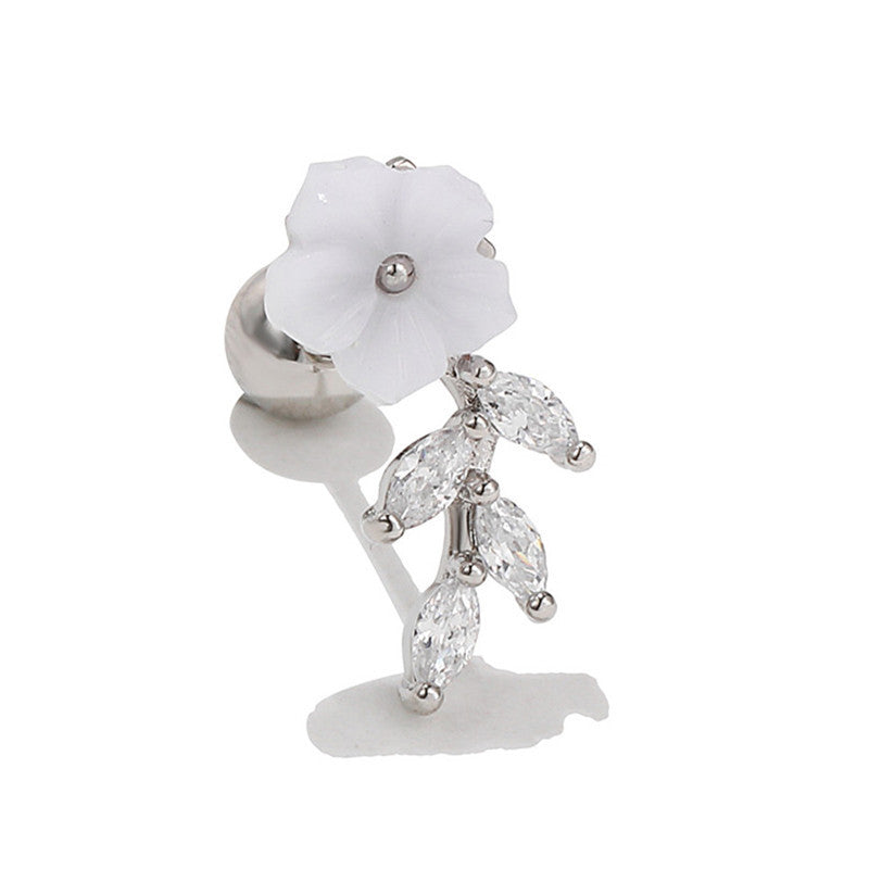 Flower Ear Pink Zircon Sweet Loving Heart Bone Inner Screw Earrings