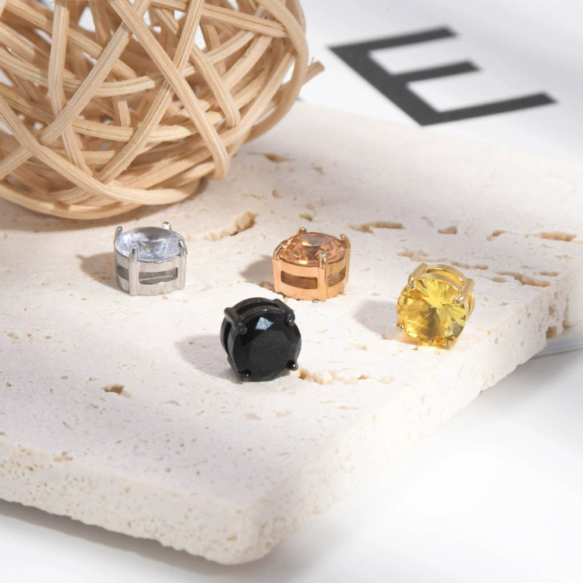 Magnetic Stud Earrings for Men Women Unisex, Non-Piercing Clip On CZ Studs, 6/8mm 4-Prong Round Stainless Steel