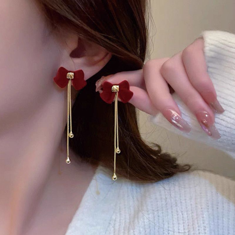 Women's Red Flocking Bow Pearl Tassel Elegant Light Luxury High-grade Earrings