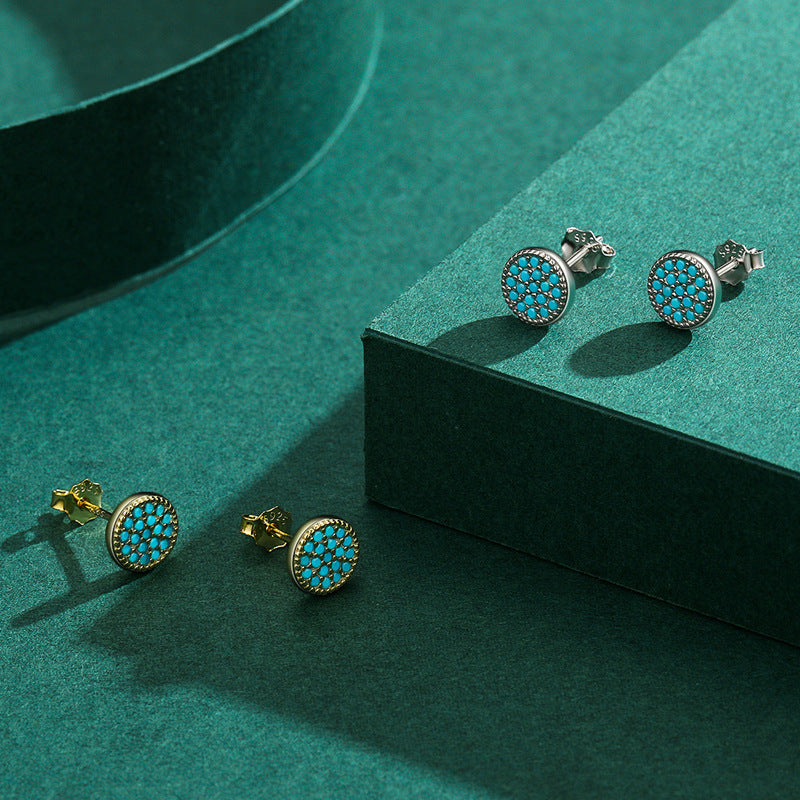 Round Turquoise Stud Earrings in Sterling Silver – Minimalist Geometric Design for Everyday Elegance