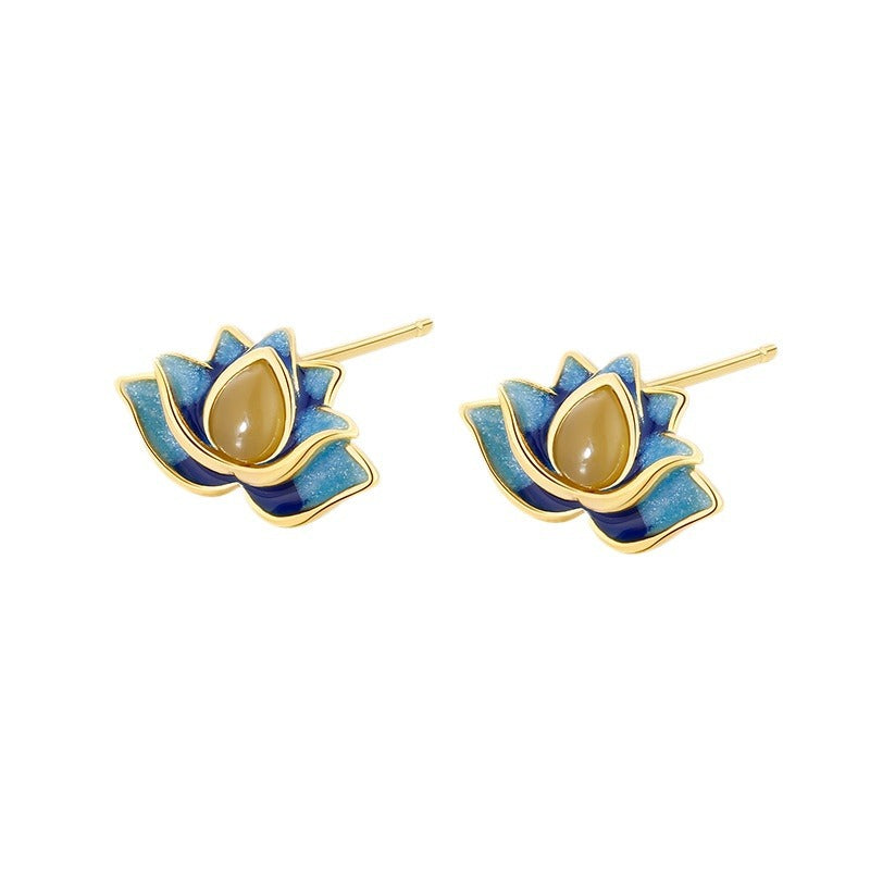 Women's Imitation Jade Lotus Ear Chinese Style Retro Niche Stud Earrings