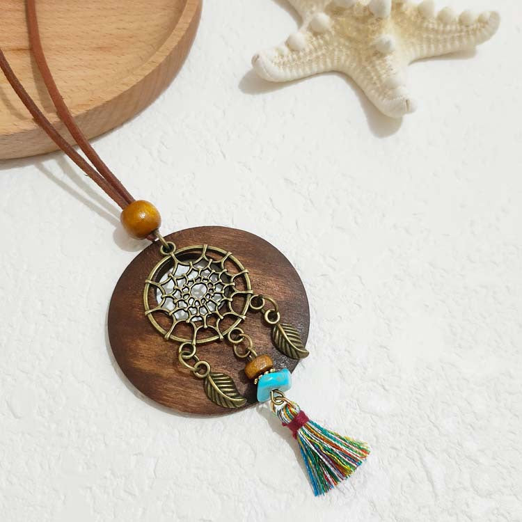 Women's Ethnic Retro Tassel Round Leaves Hollow Out Necklace