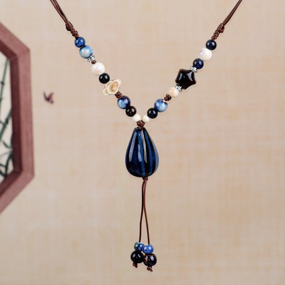 Women's Retro Ethnic Style Ceramic Butterfly Bell Fashionable Necklace