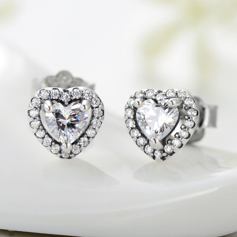 Sterling Silver Heart Stud Earrings with Micro-Pavé Zirconia