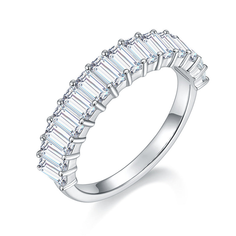 Emerald-Cut D-Color VVS1 Moissanite Stack Engagement Ring in Sterling Silver – Full or Half Band Sparkle