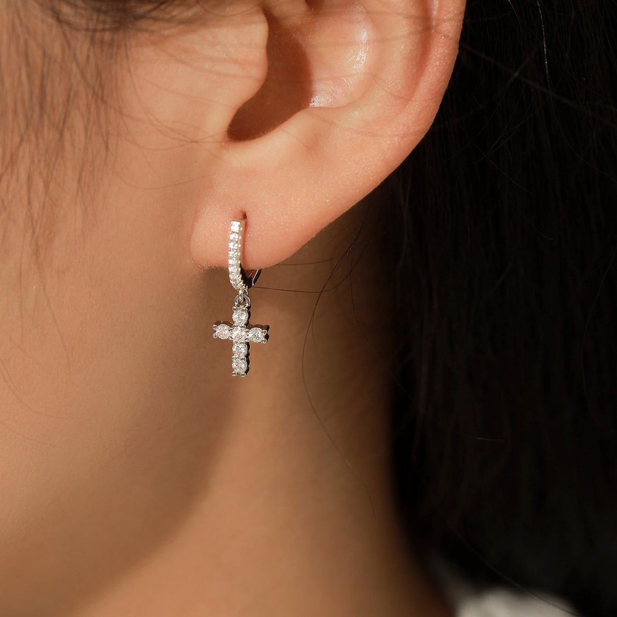 Minimalist Cross Drop Earrings in Sterling Silver with Sparkling D-Color VVS1 Moissanite