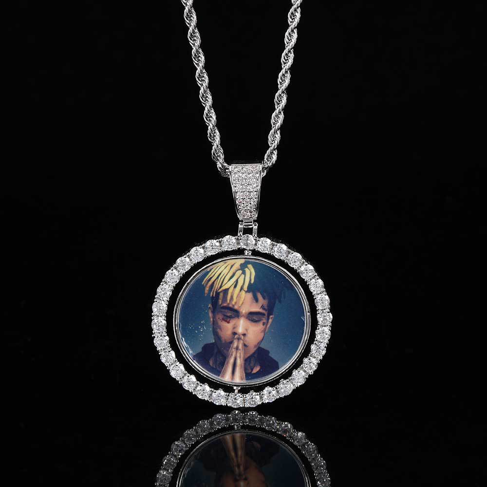 Rotating Double-Sided Circular Photo Pendant Necklace with Micro-Pavé Zirconia Stones