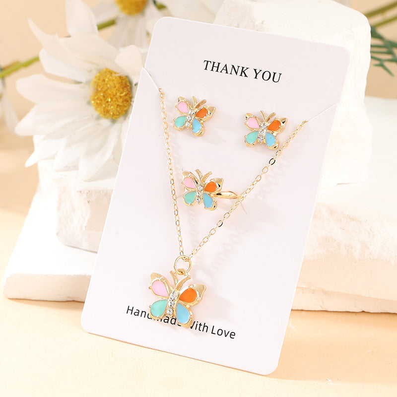 Children's Alloy Dripping Oil Cartoon Butterfly Love Jewelry Set