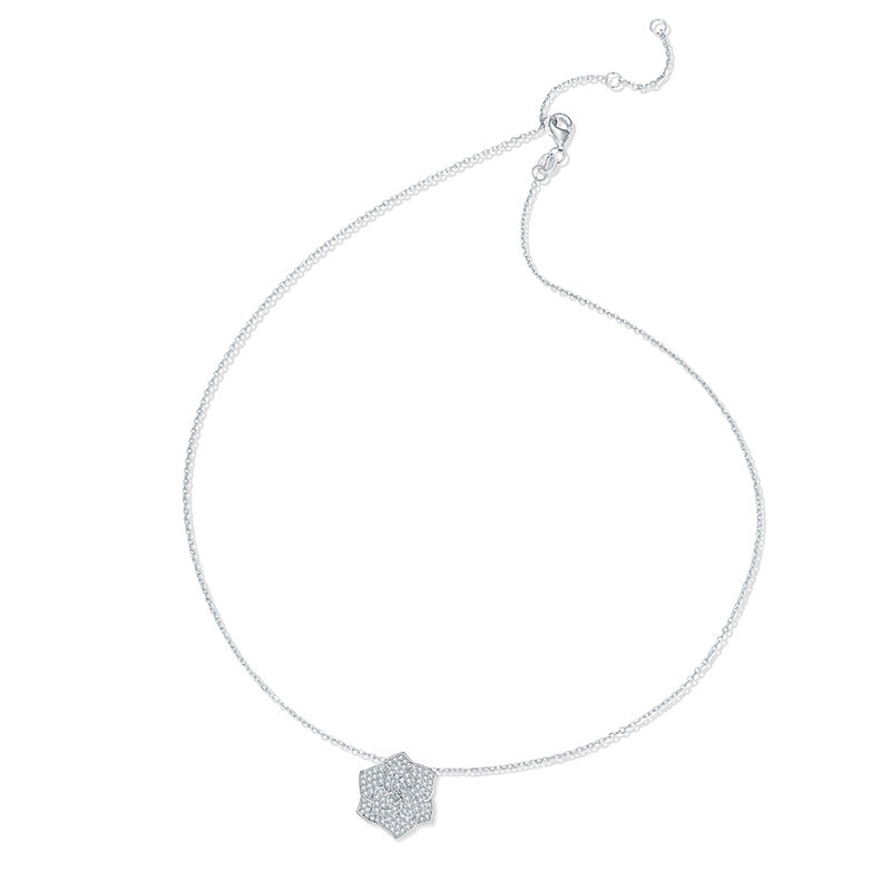 Chanel-Inspired Camellia Pendant Necklace with Brilliant D-Color VVS1 Moissanite Stones in 925 Sterling Silver