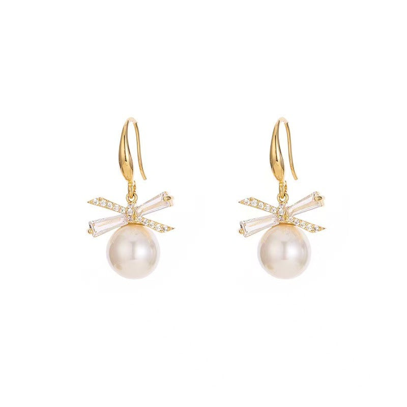 Women's Bow High-grade Light Luxury Temperament Imitation Pearl Ear Hooks Earrings