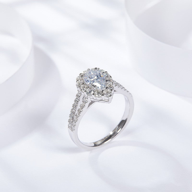 D-E White D-Color VVS1 Moissanite Drop-Shaped Engagement Ring in 18K Gold-Plated Sterling Silver