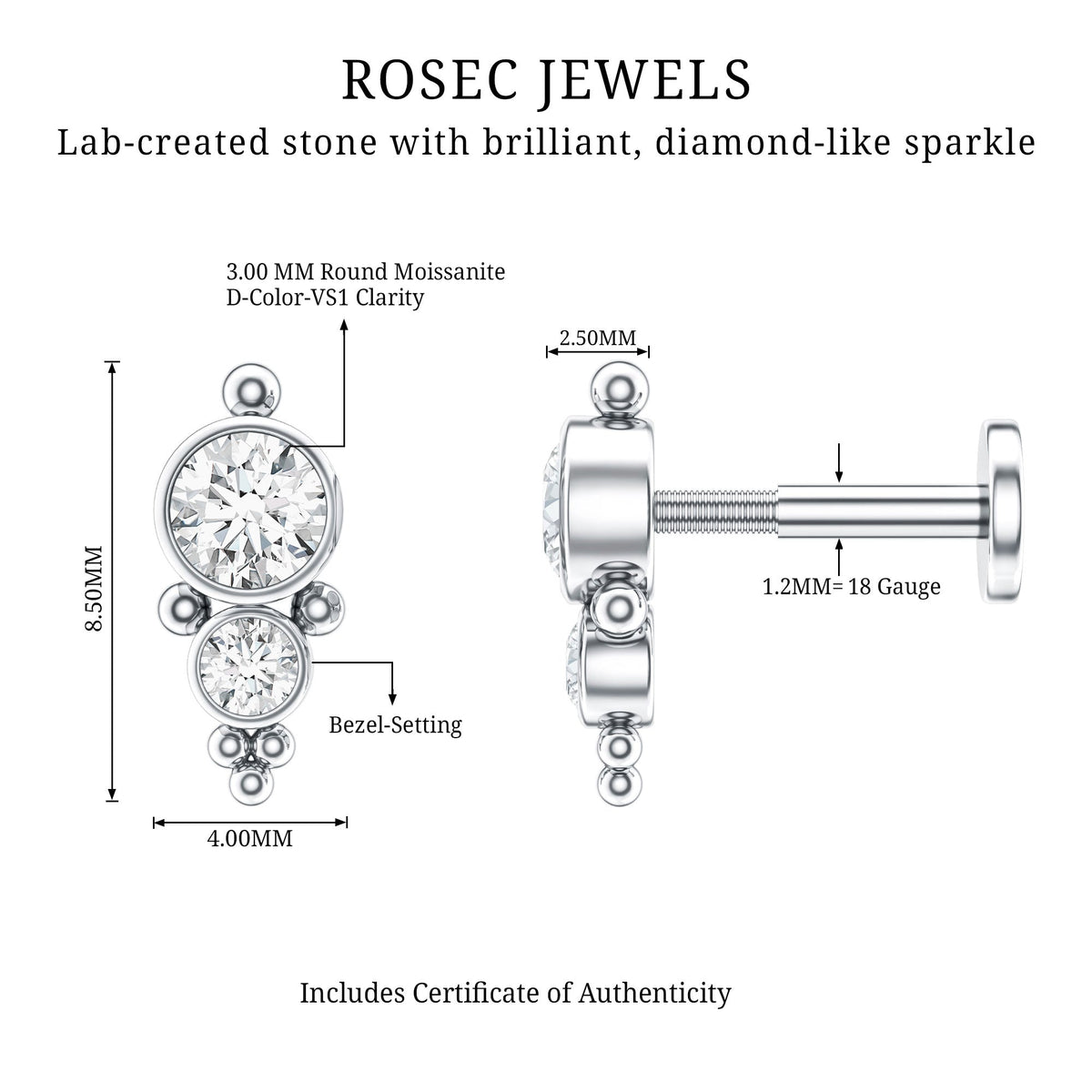 Simple Bezel Set Moissanite Two Stone Tragus Earring