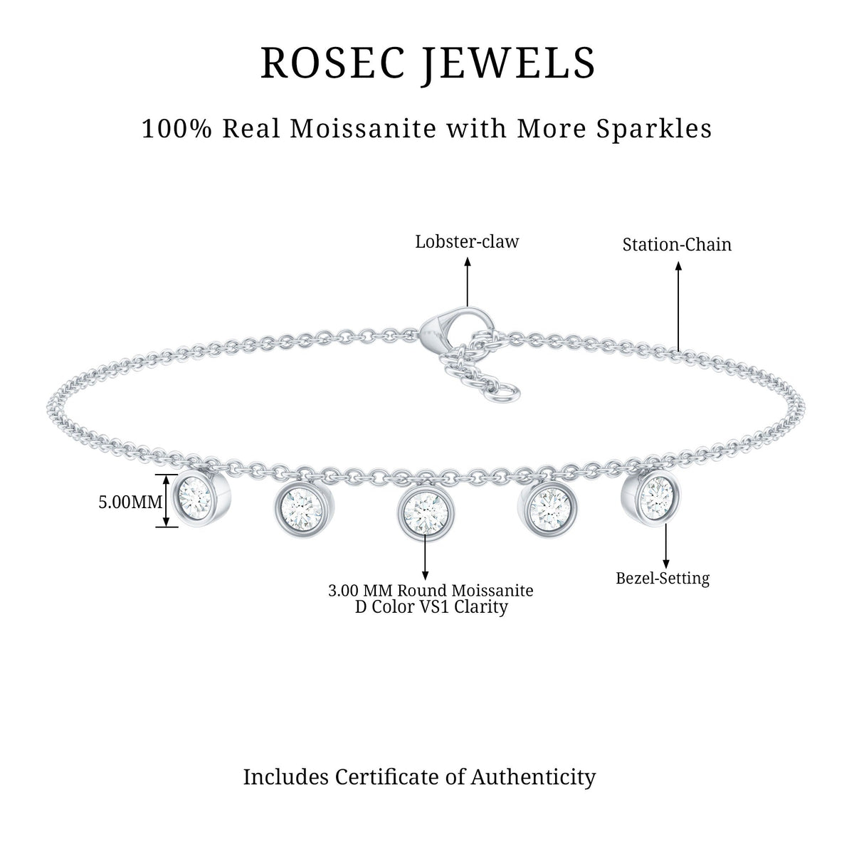 Certified Moissanite Five Stone Bracelet with Certificate