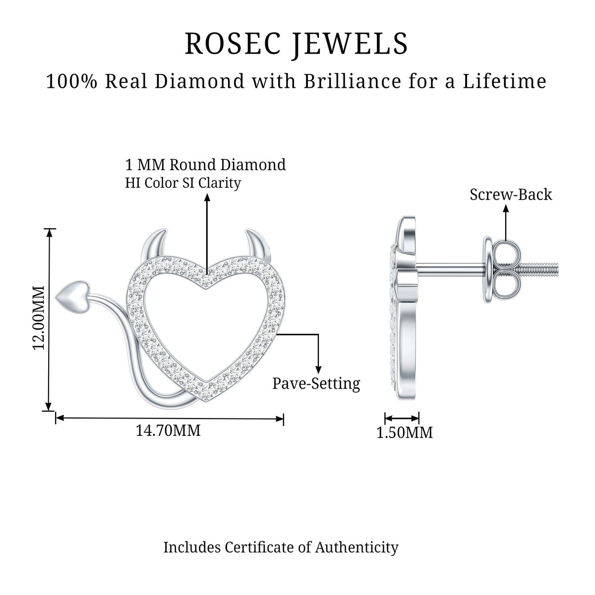 Round Diamond Open Heart Devil stud Earrings