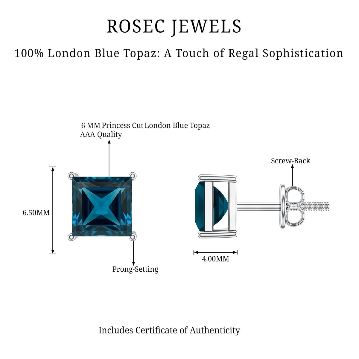 Princess Cut 2 Carat London Blue Topaz Solitaire Stud Earrings