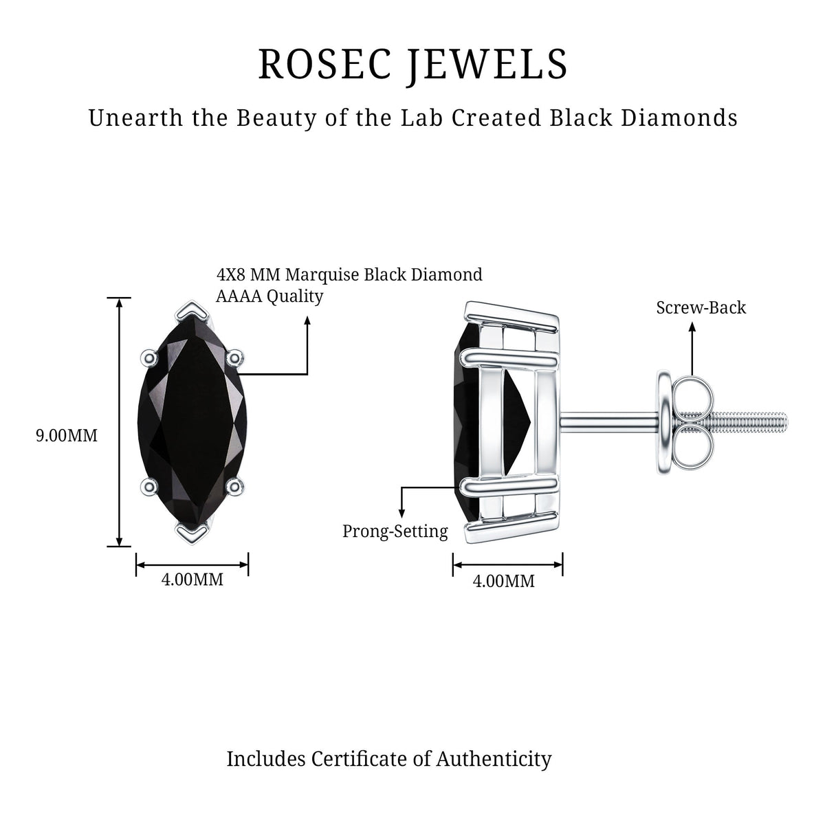 1.68 Carat Marquise Cut Lab Grown Black Diamond Stud Earrings