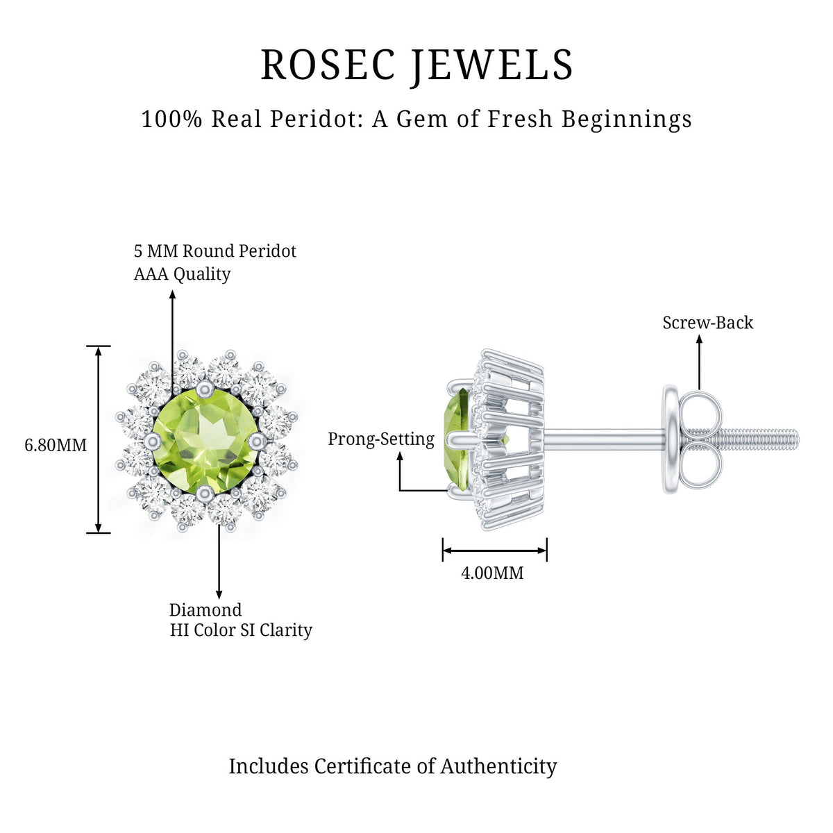 Natural 1 Carat Peridot Stud Earrings with Diamond Halo