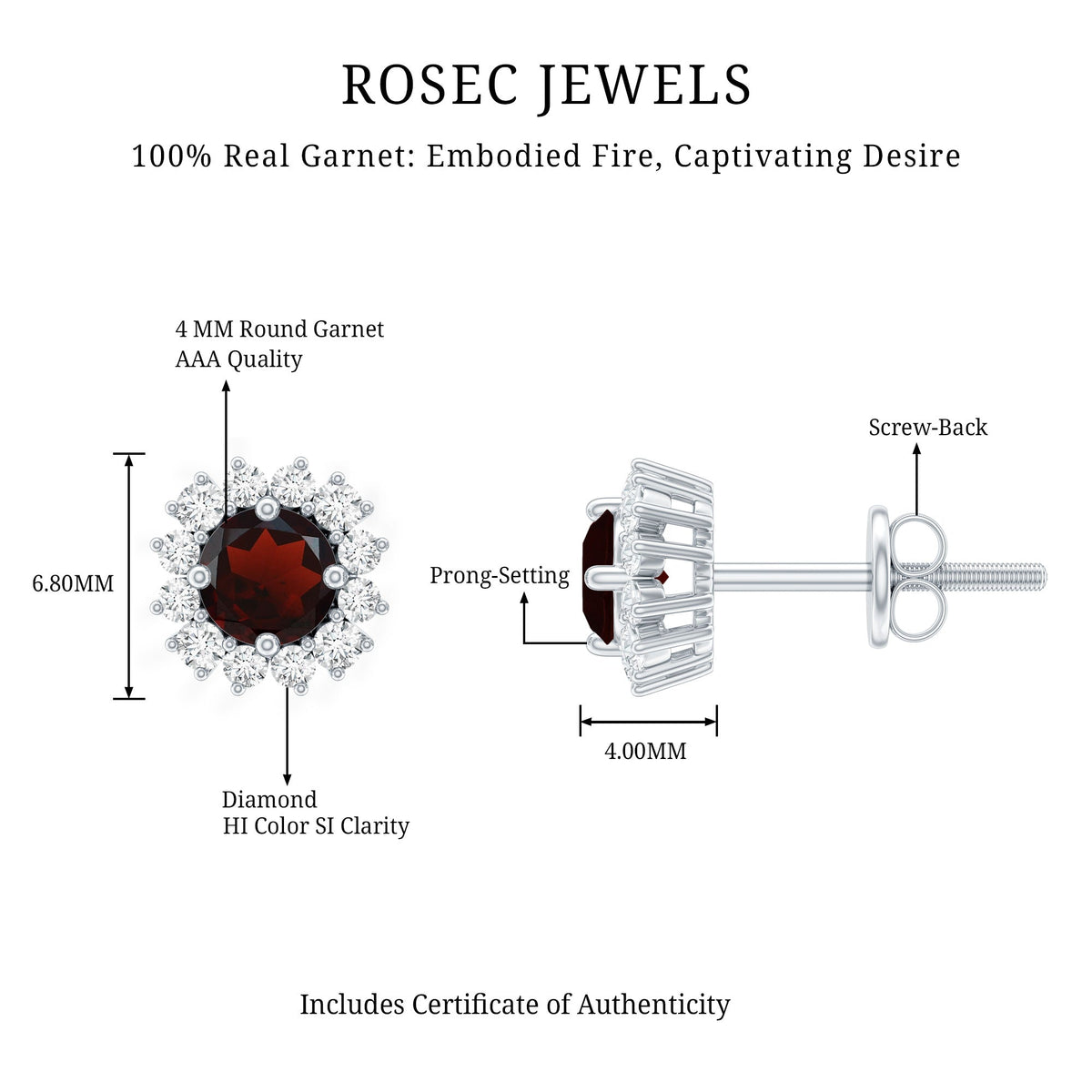 Genuine Garnet and Diamond Halo Stud Earrings