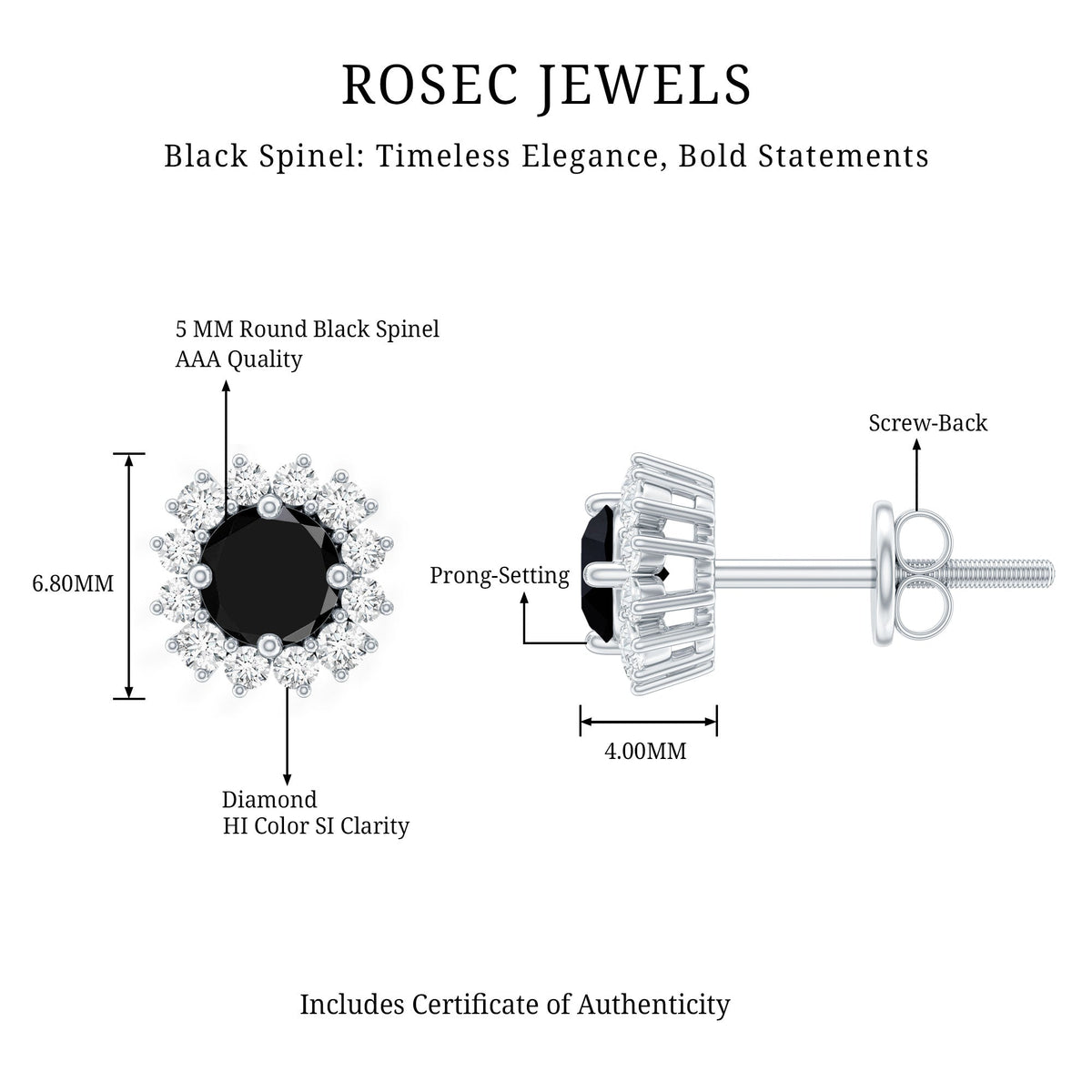 Certified Real Black Spinel Stud Earrings with Diamond Halo