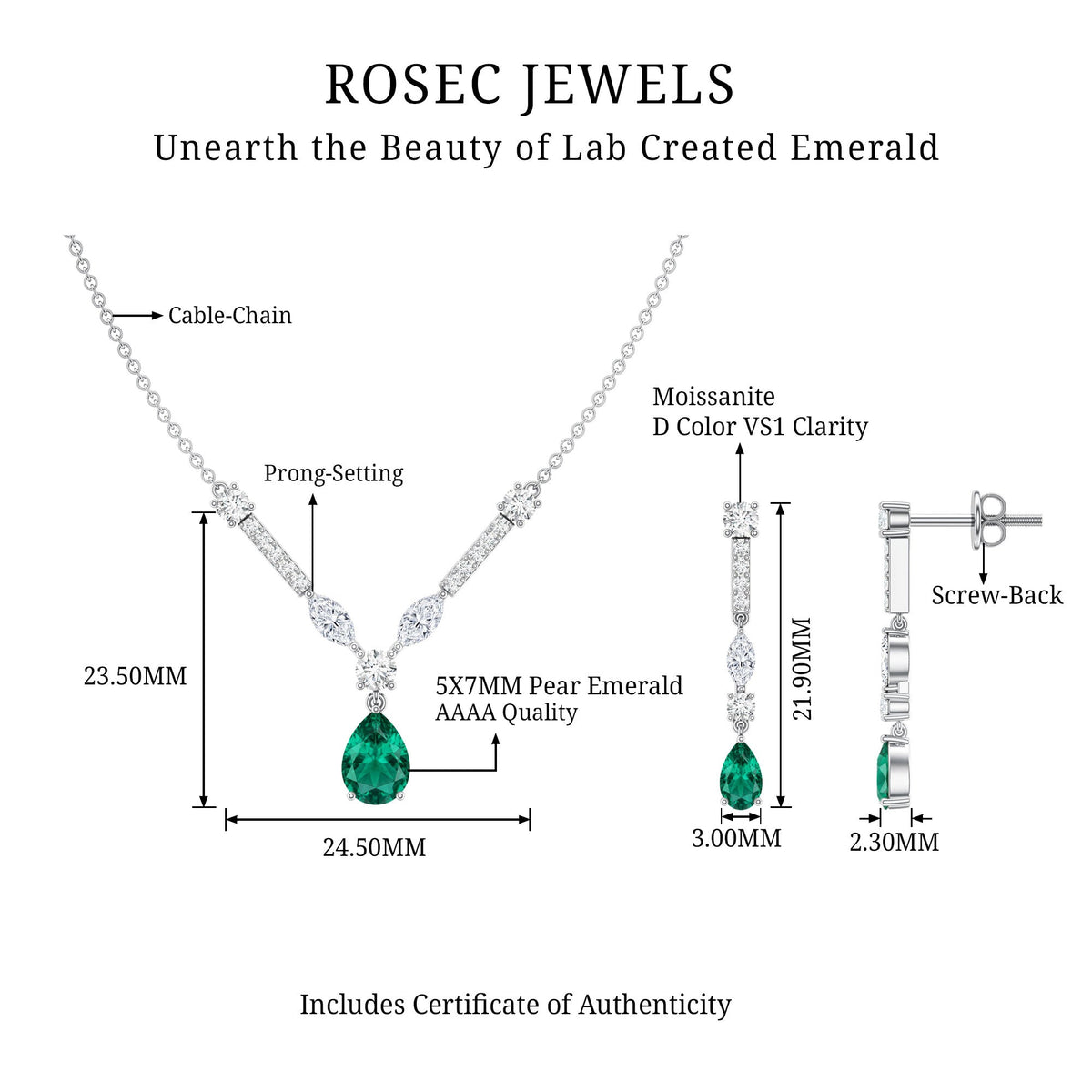 Lab Created Emerald and Moissanite Bridal Necklace Earrings Set